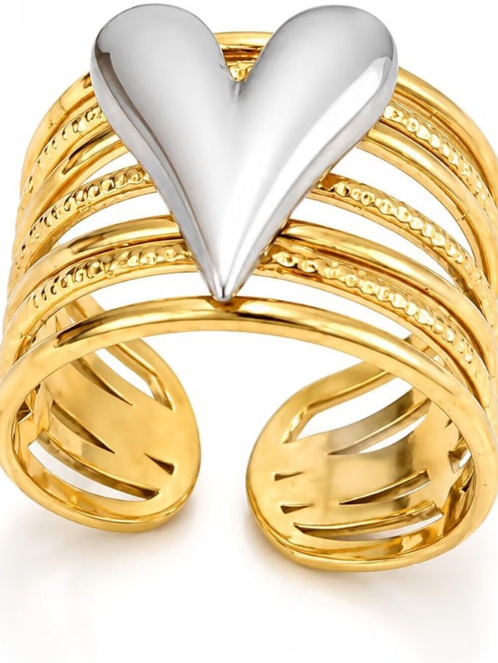 Two Tone Heart Open Ring 18K Gold Plated Stainless Steel Wide Band Adjustable